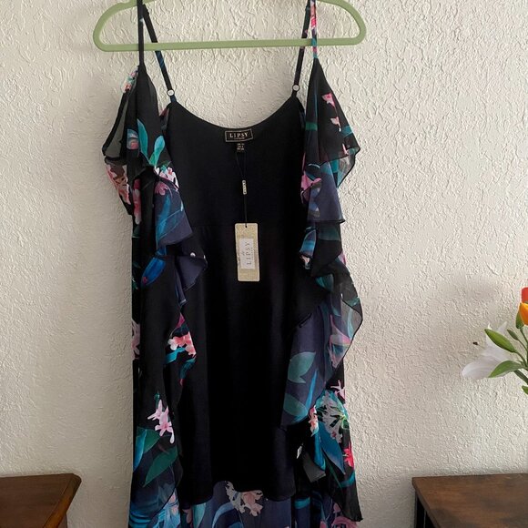 New Lipsy London Maxi Dress 6 (10 UK) Black Floral Chiffon Wrap High-Low Ruffle - Picture 8 of 16